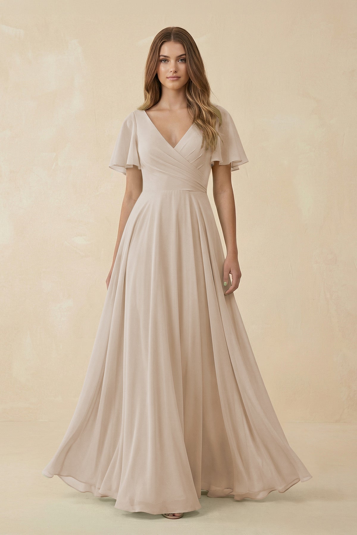 Flutter Sleeve V-Neck Chiffon A-Line Bridesmaid Dress in Frost, Frost / 24