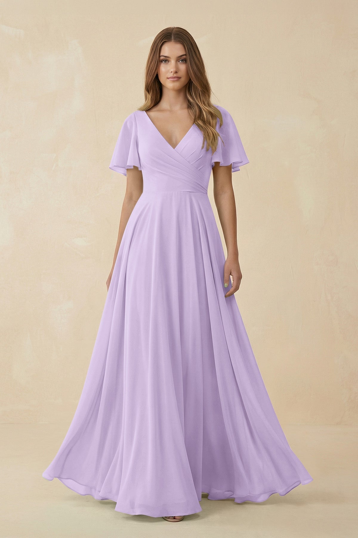KissProm Flutter Sleeve V-Neck Chiffon A-Line Bridesmaid Dress in Lavender, Lavender / 6