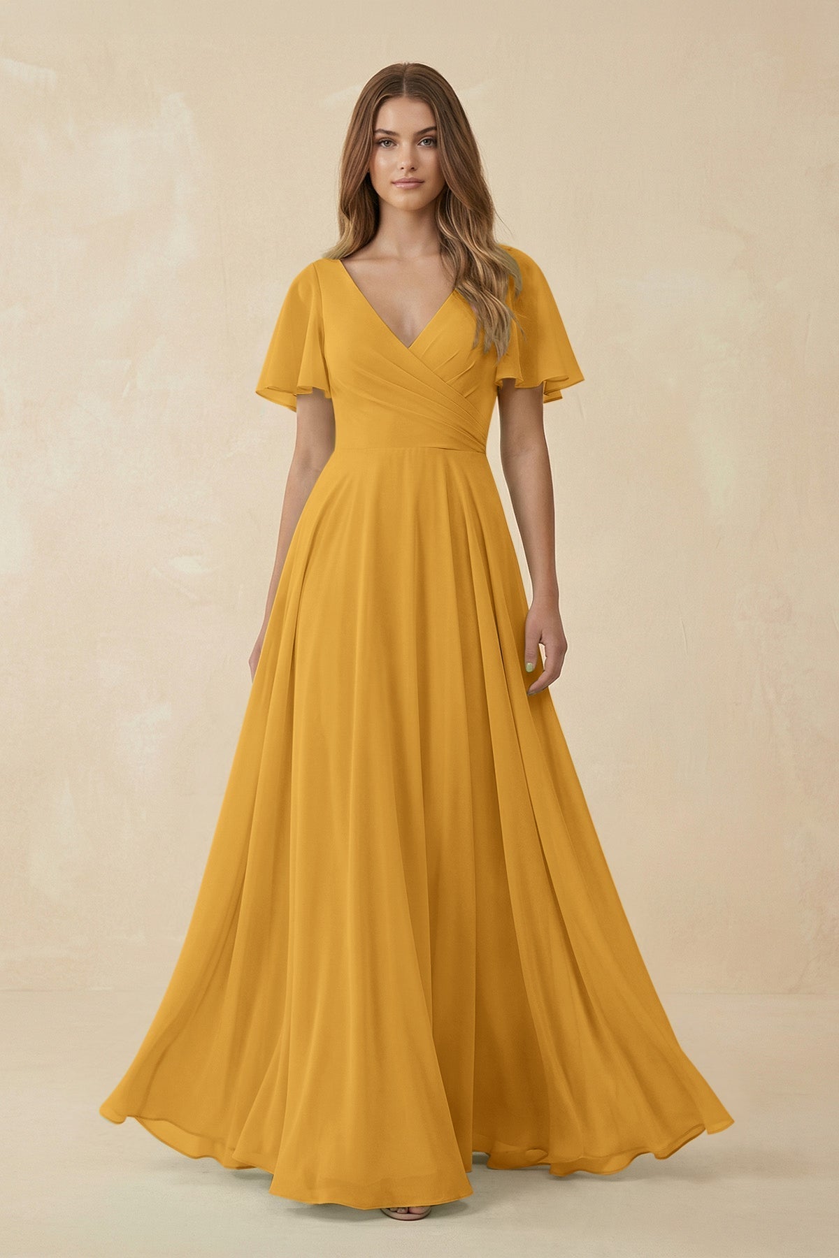 KissProm | Flutter Sleeve V-Neck A-Line Chiffon Bridesmaid Dress in Marigold