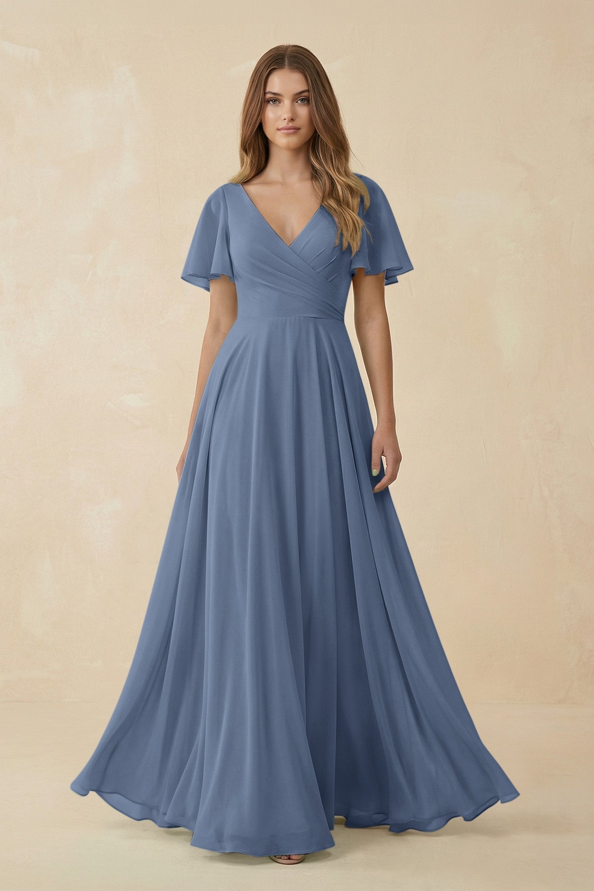 KissProm Flutter Sleeve V-Neck Chiffon A-Line Bridesmaid Dress in Neptune, Neptune / 26