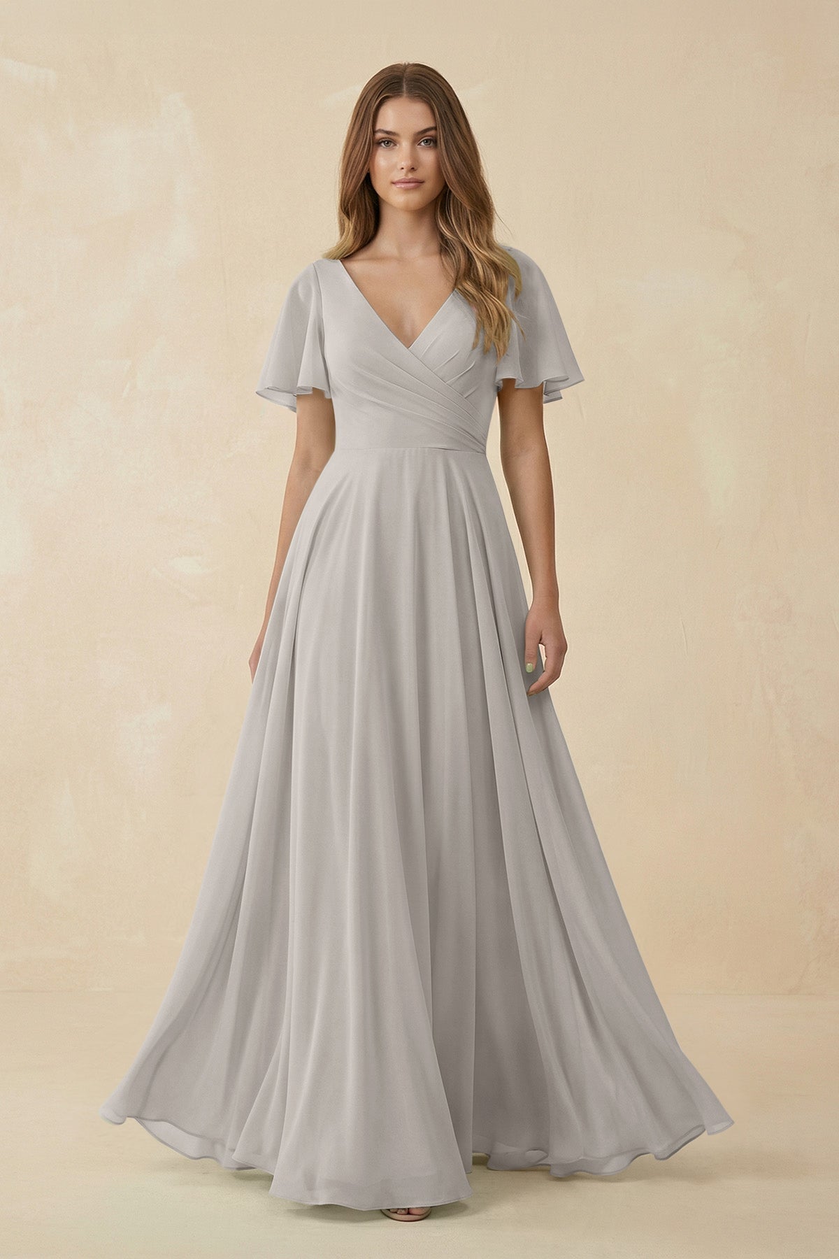 KissProm Flutter Sleeve V-Neck Chiffon A-Line Bridesmaid Dress in Silver, Silver / 20