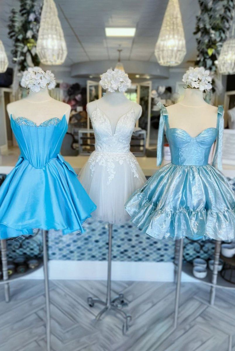 Freesia | Blue - Strapless Satin A Line Short Homecoming Dress With Bow