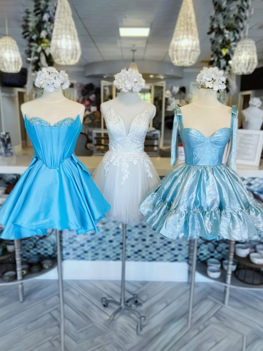 Freesia | Blue - Strapless Satin A Line Short Homecoming Dress With Bow