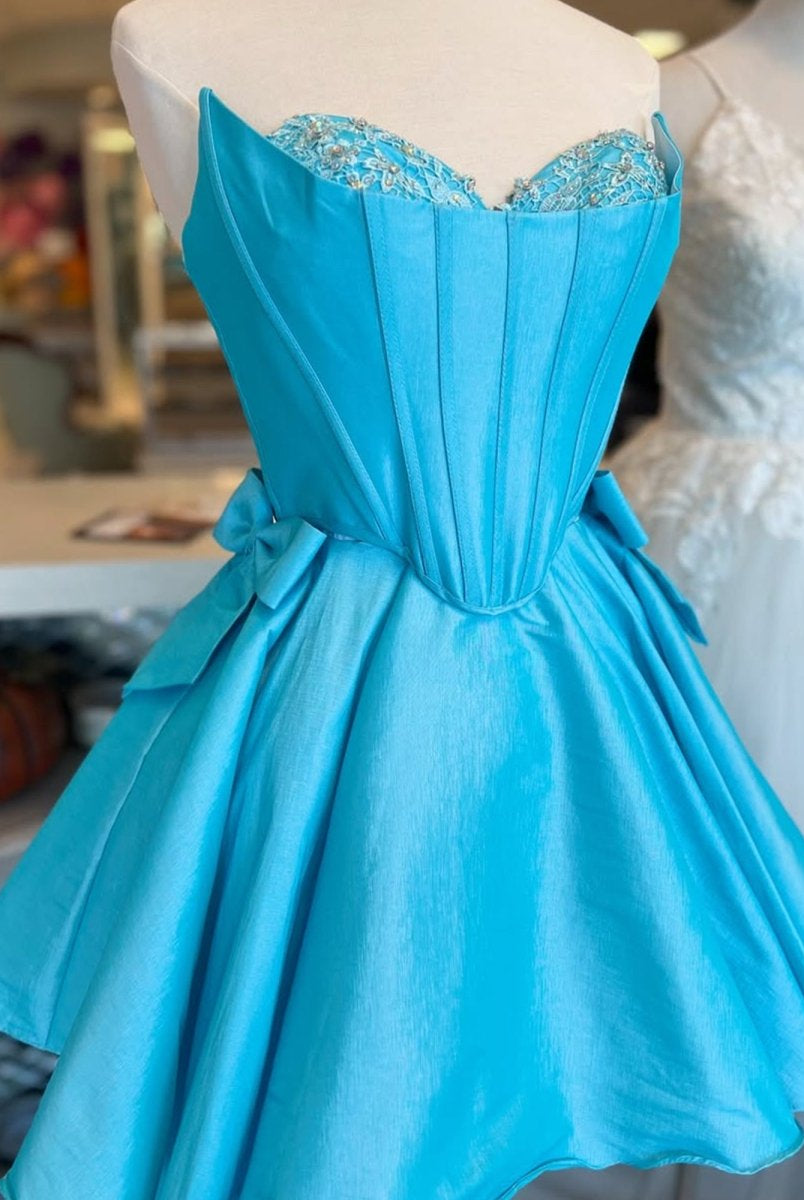 Freesia | Blue - Strapless Satin A Line Short Homecoming Dress With Bow