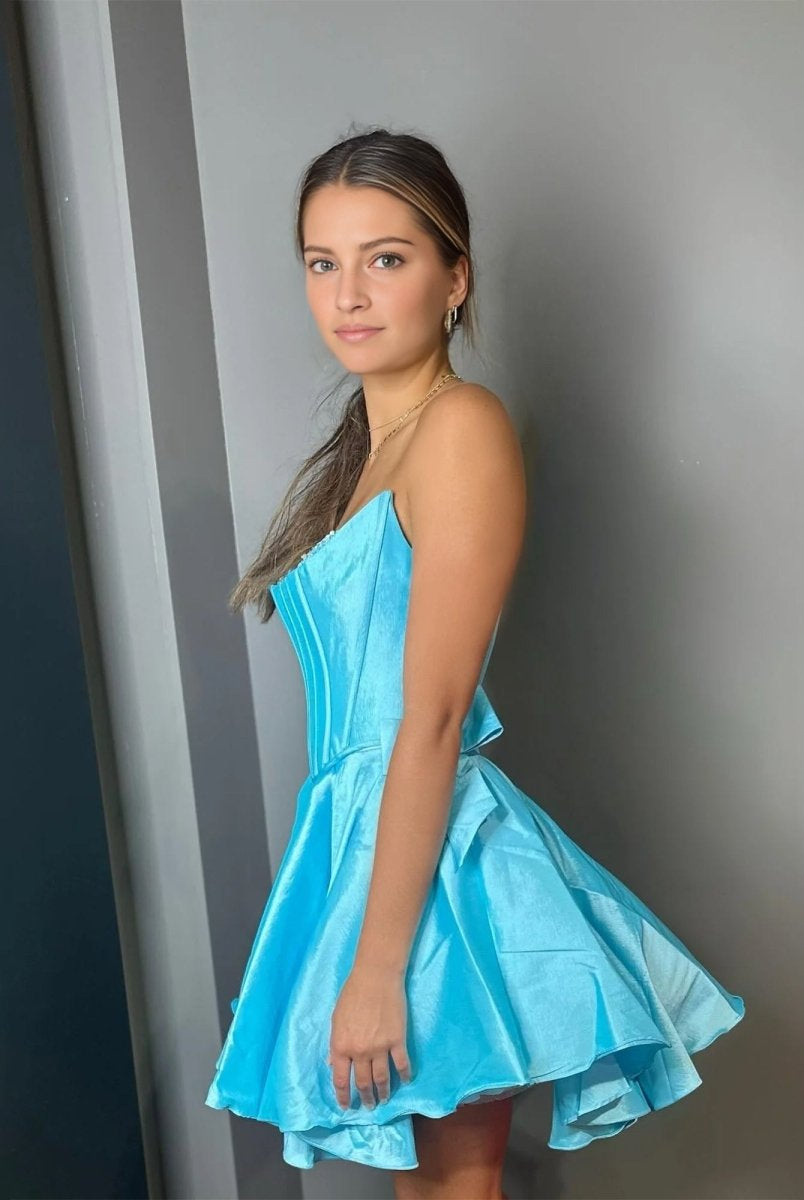 Freesia | Blue - Strapless Satin A Line Short Homecoming Dress With Bow