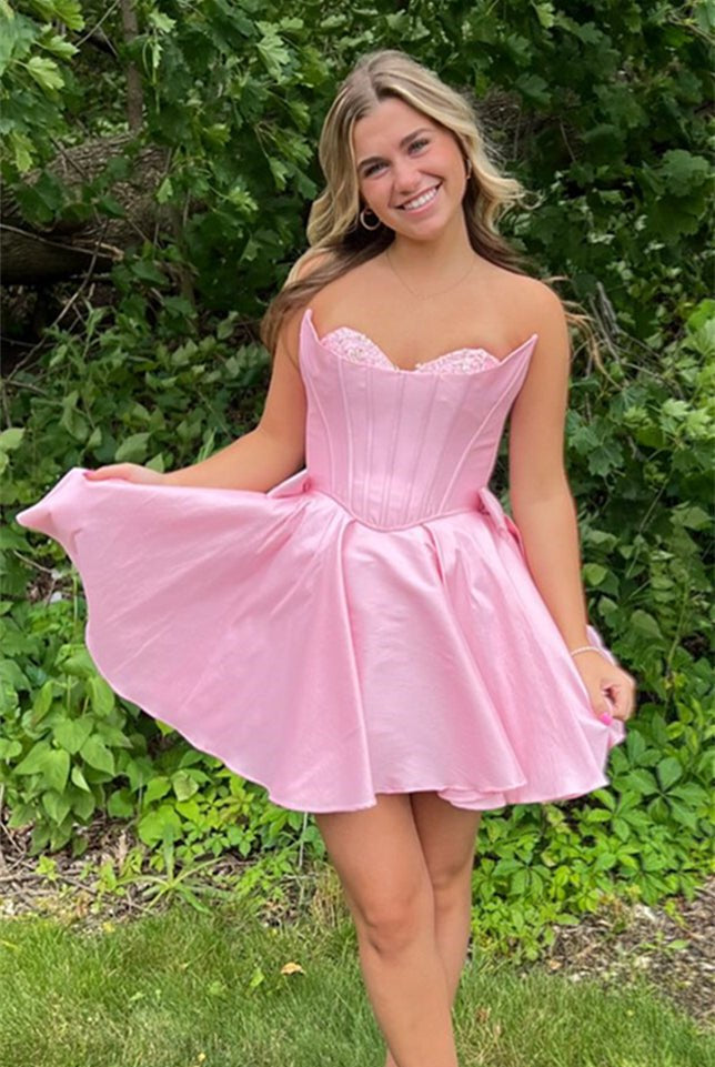 Freesia | Pink - Strapless Satin A Line Short Homecoming Dress With Bow