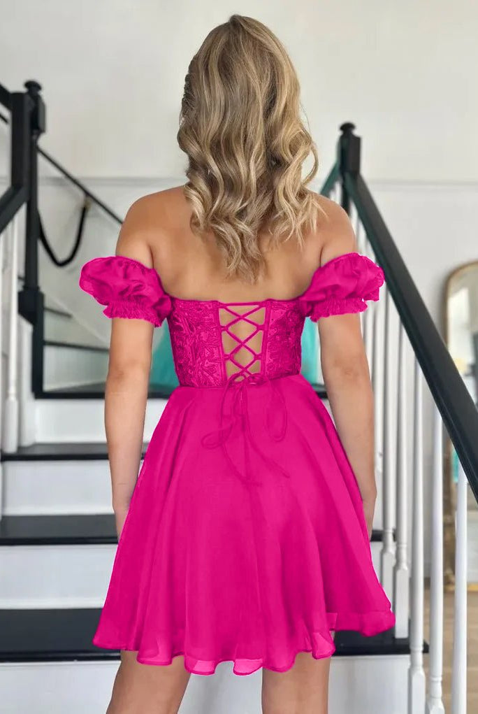 Lavinia |A Line Lace Off the Shoulder Homecoming Dress with Appliques