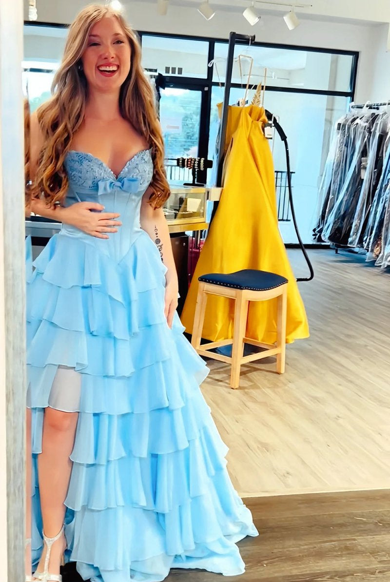 Kea | Fuchsia - A Line Strapless Chiffon Ruffled Long Formal Prom Dresses With Bow - KissProm