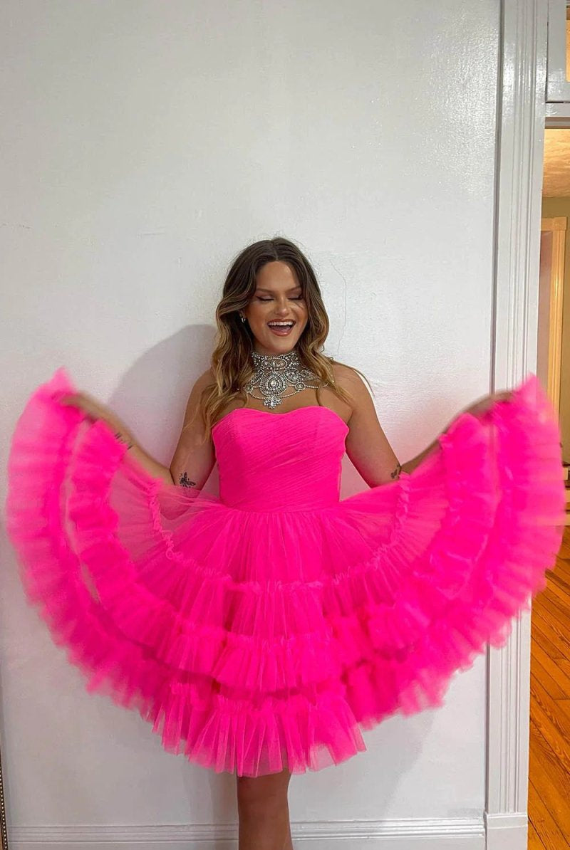 Sondra | Fuchsia A-Line Sweetheart Tulle Tiered Corset Short Homecoming Dress