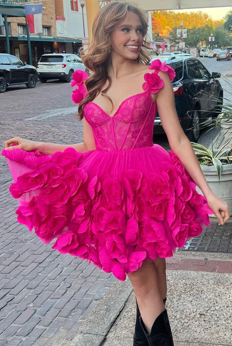 Laticia | Fuchsia Spaghetti Straps A - Line Short Corset Homecoming Dress with 3D Flowers - KissProm