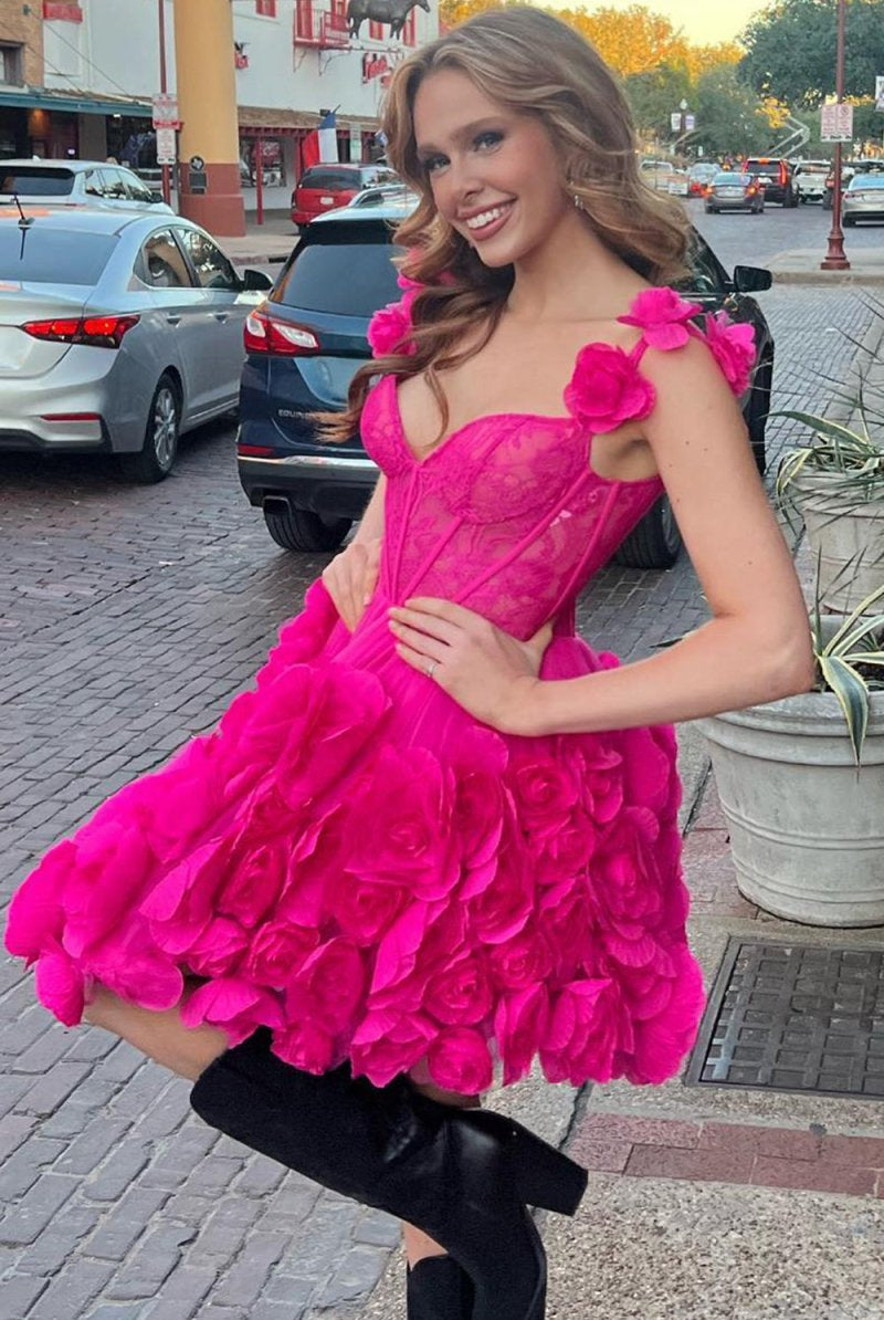 Laticia | Fuchsia Spaghetti Straps A - Line Short Corset Homecoming Dress with 3D Flowers - KissProm