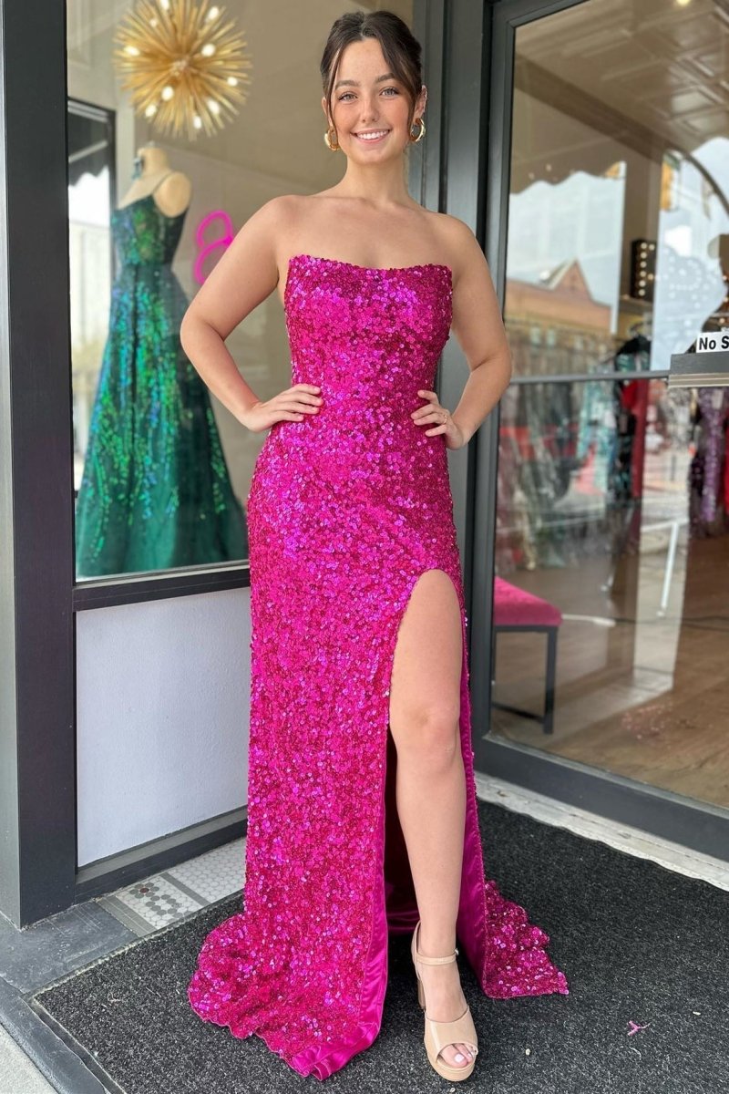 Fuchsia Strapless Sequins Long Prom Dress with Slit Fuchsia Strapless Sequins Long Prom Dress with Slit