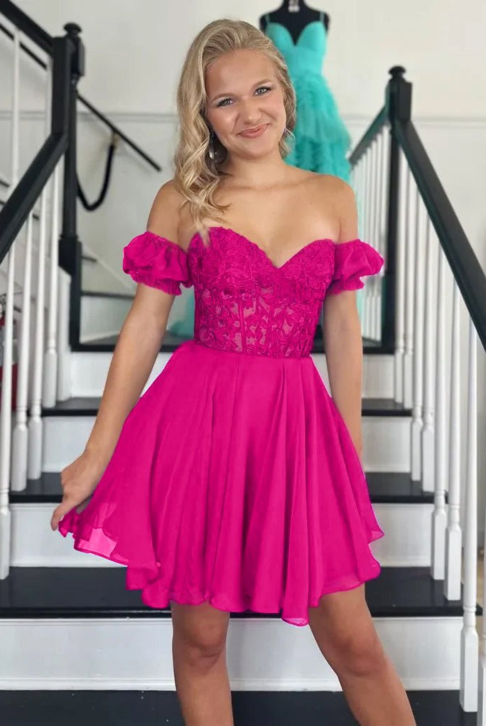 Lavinia |A Line Lace Off the Shoulder Homecoming Dress with Appliques