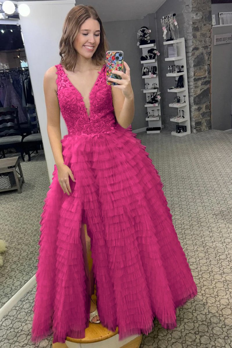 Yellow Plunge V Ruffle Tiered Long Prom Dress with Slit - KissProm