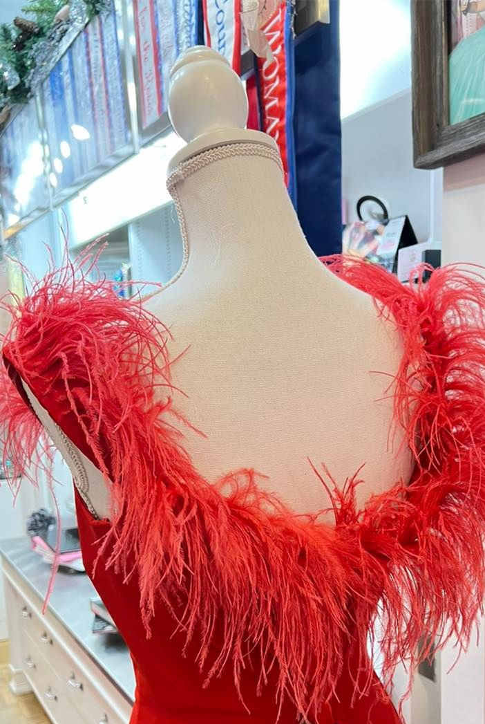 Vera | Plunging Neck Red Feather Long Formal Dress with Slit - KissProm