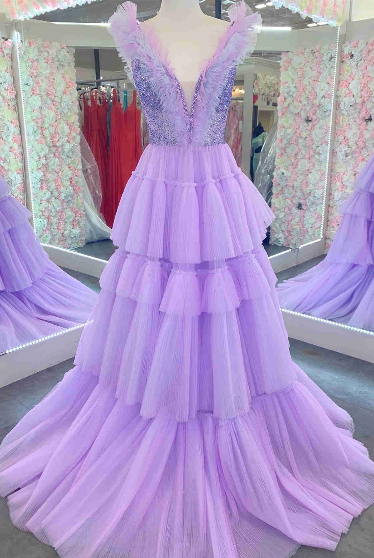 Stacy | Sequin Top Lavender Tiered Tulle Long Formal Dress - KissProm