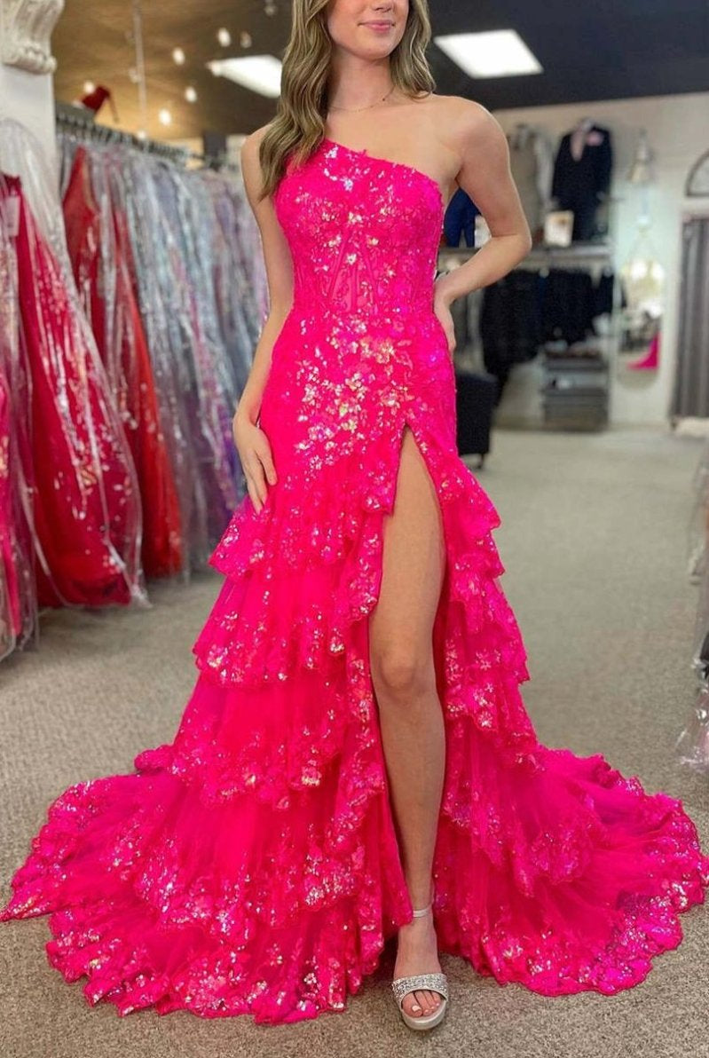 Andrea |Sheath One Shoulder Tiered Lace Long Prom Dress