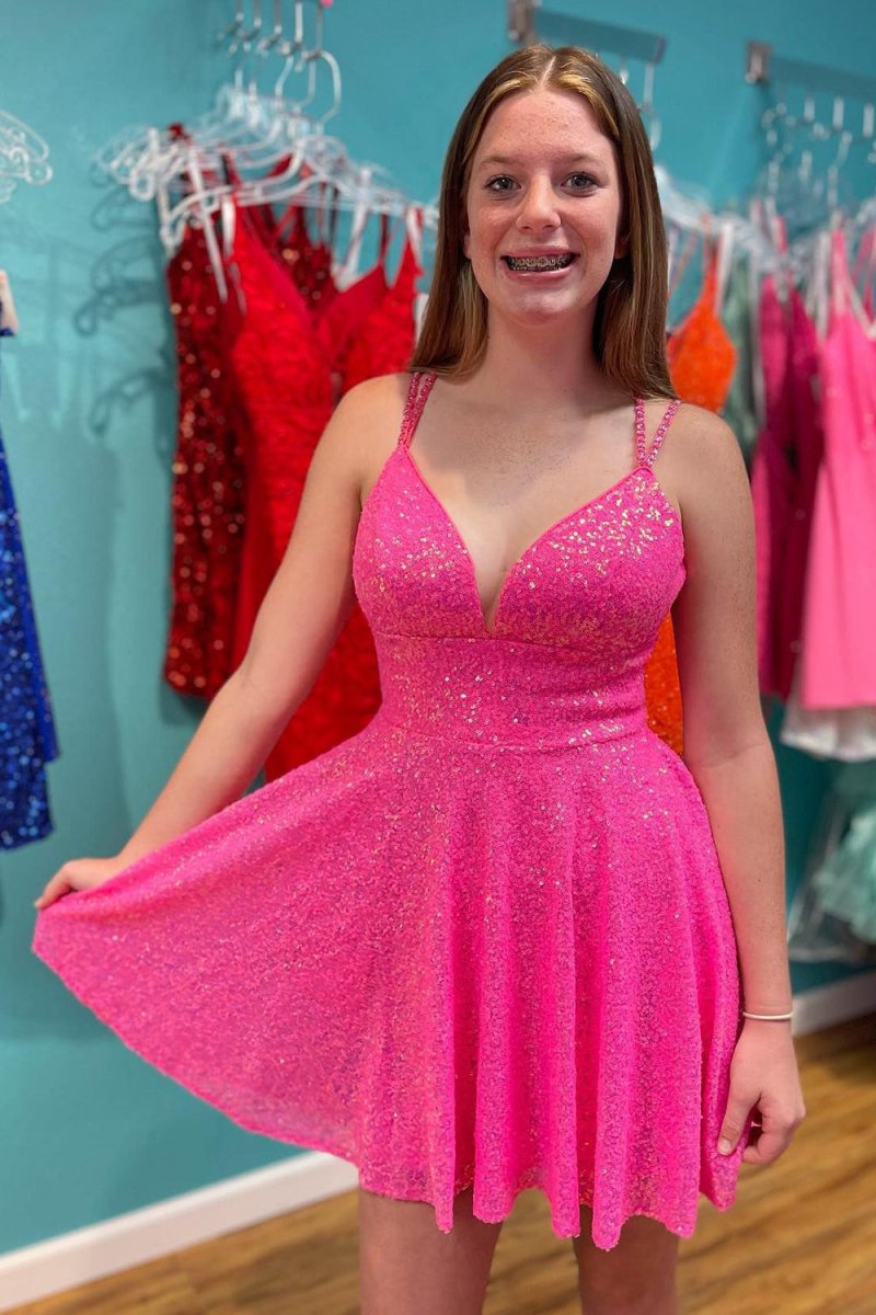 Hyacinth Short Hot Pink A-Line Double Straps Sequins Homecoming Dress Hyacinth Short Hot Pink A-Line Double Straps Sequins Homecoming Dress