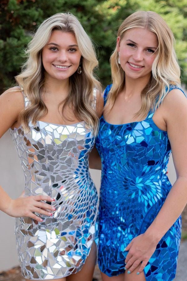 mirror sequin dress Square Neck Silver Cut Mirror Sequin Bodycon Mini Party Dresses, Silver / 0