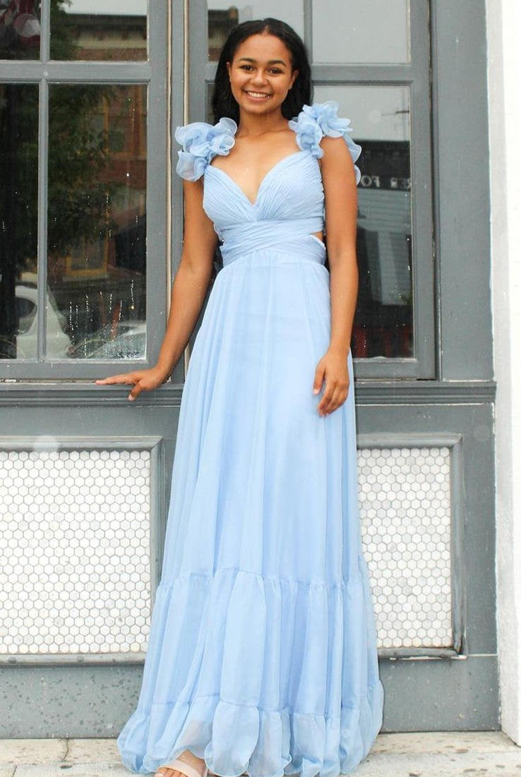 Aadhya | Lace-Up Fuchsia V-Neck Ruffle Pleated Long Prom Dress