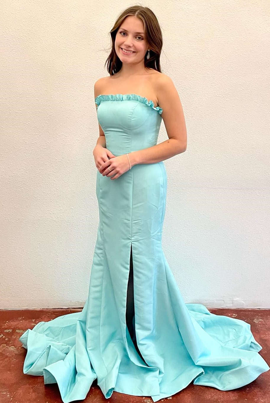Denver | Strapless Maganta Ruffle Mermaid Slit Long Prom Dress
