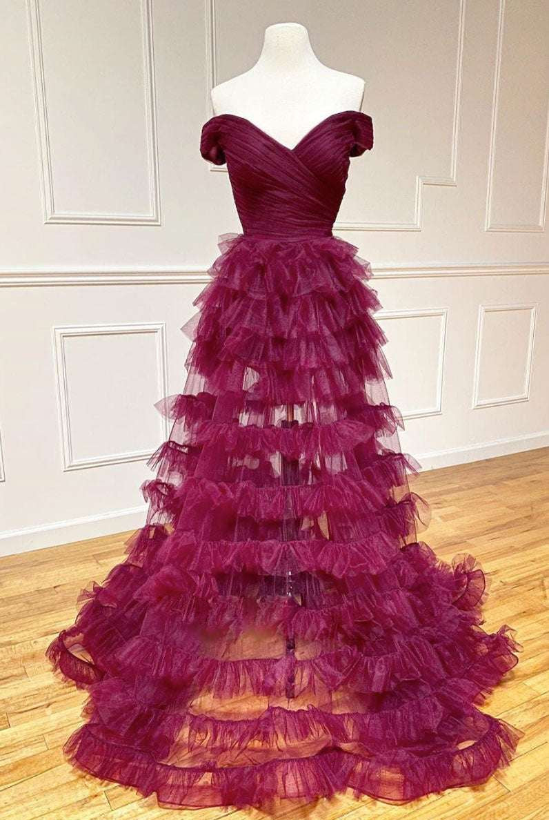 Fallon | Off the Shoulder Dark Berry Pleated Sheer Tiered Prom Dress - KissProm
