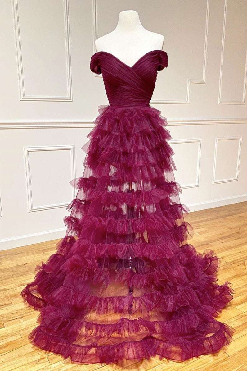 Fallon | Off the Shoulder Dark Berry Pleated Sheer Tiered Prom Dress - KissProm
