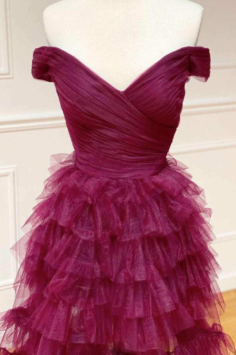 Fallon | Off the Shoulder Dark Berry Pleated Sheer Tiered Prom Dress - KissProm