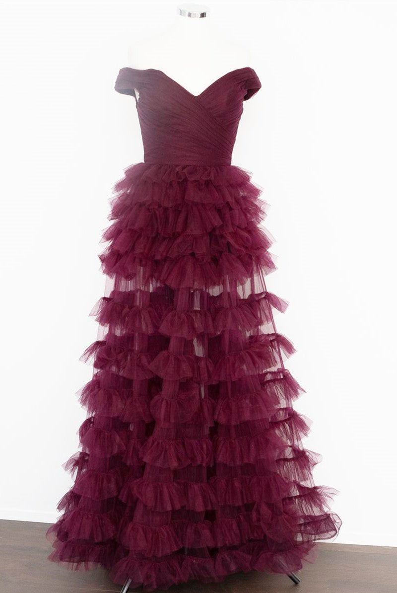Fallon | Off the Shoulder Dark Berry Pleated Sheer Tiered Prom Dress - KissProm