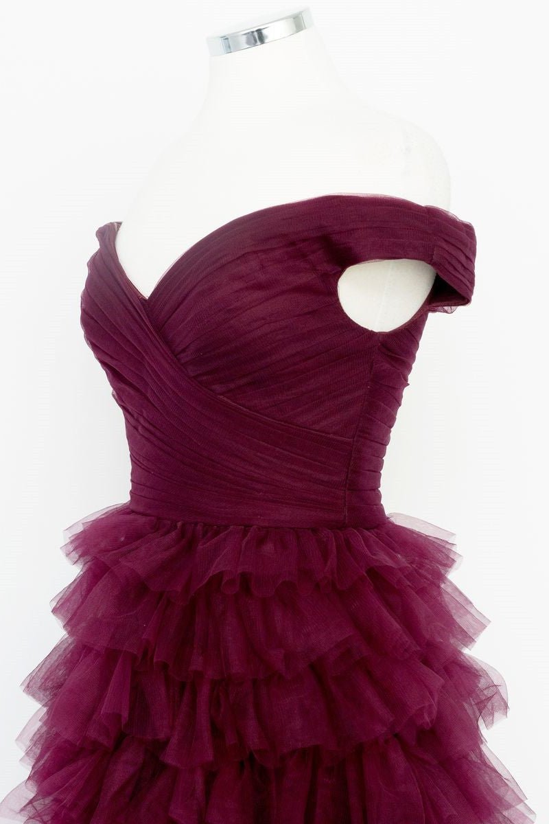 Fallon | Off the Shoulder Dark Berry Pleated Sheer Tiered Prom Dress - KissProm