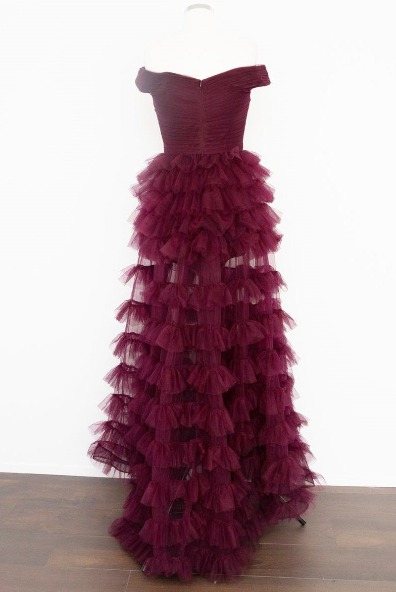 Fallon | Off the Shoulder Dark Berry Pleated Sheer Tiered Prom Dress - KissProm