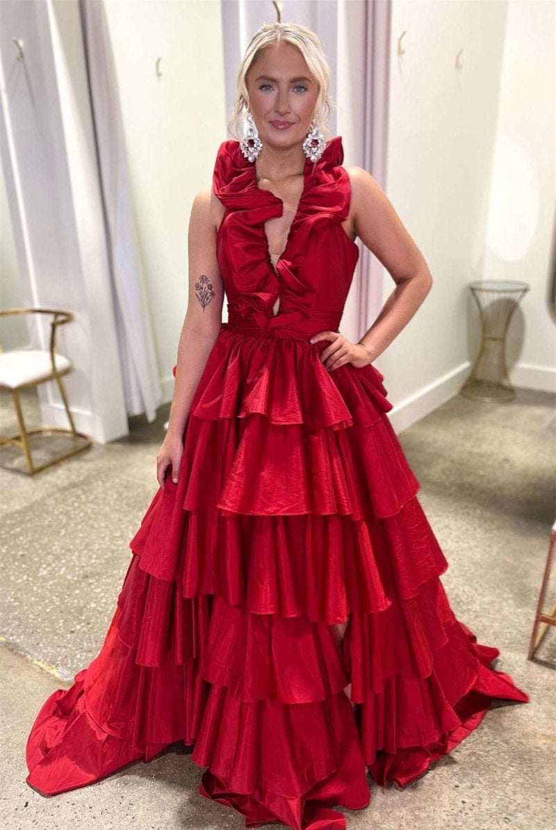 Flora | Halter Red Ruffle Tiered A-Line Prom Dress
