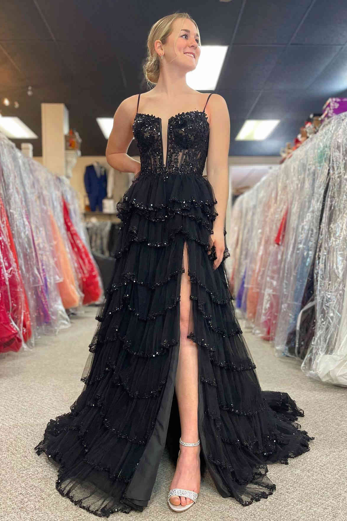 Off The Shoulder Ruffles Sequins Layers Black Long Formal Dress main image 1