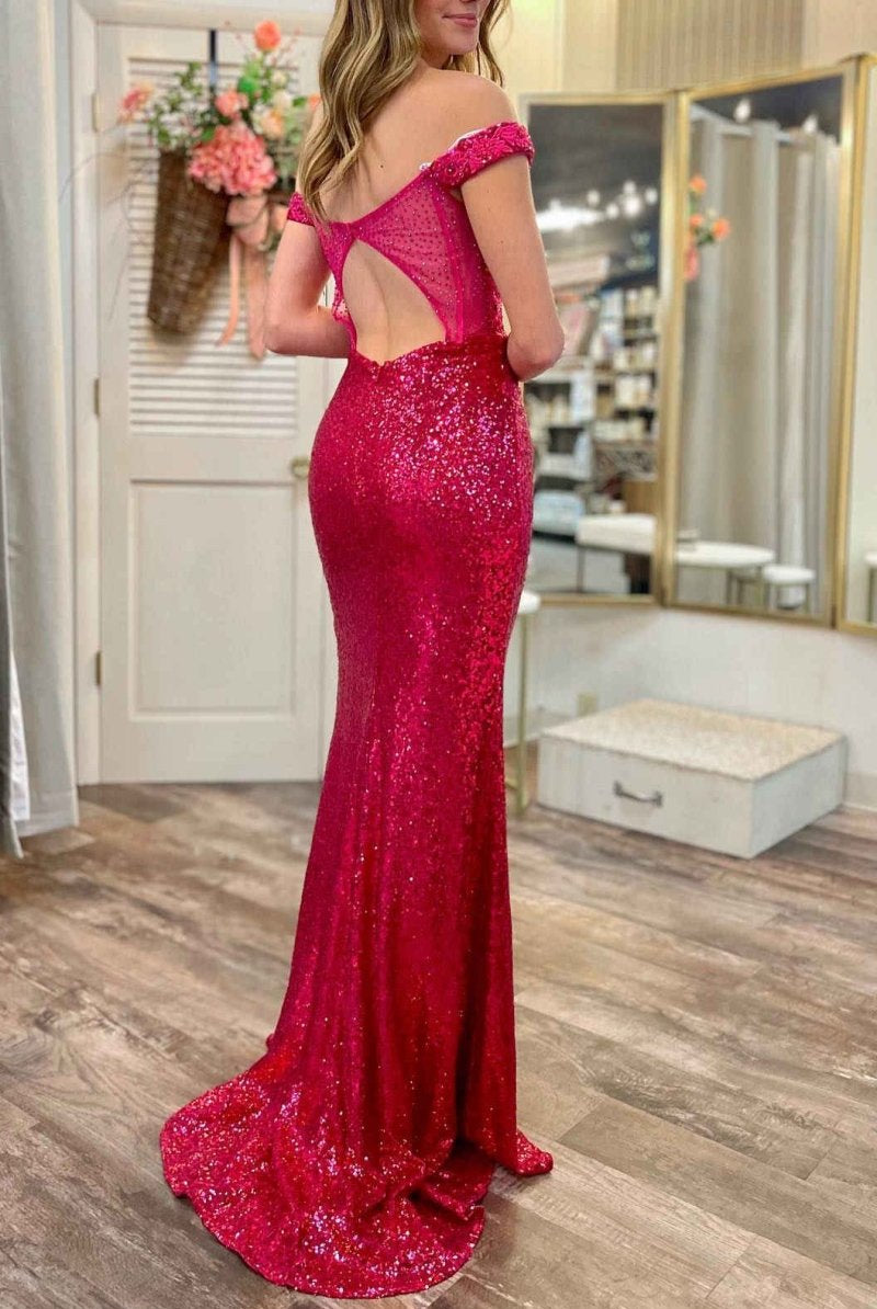 Amy | Mermaid Off the Shoulder Magenta Sequin Prom Dress with Appliques - KissProm