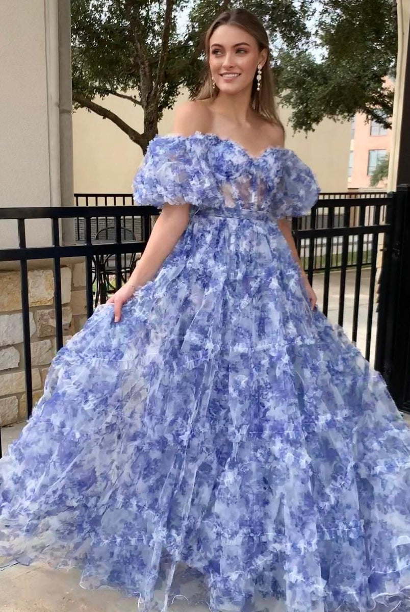 Sydney| Off the Shoulder Blue Floral Print Ruffled Tulle Prom Dress