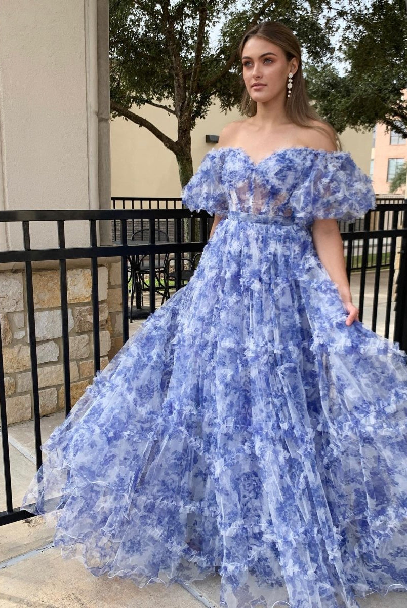 Sydney| Off the Shoulder Blue Floral Print Ruffled Tulle Prom Dress