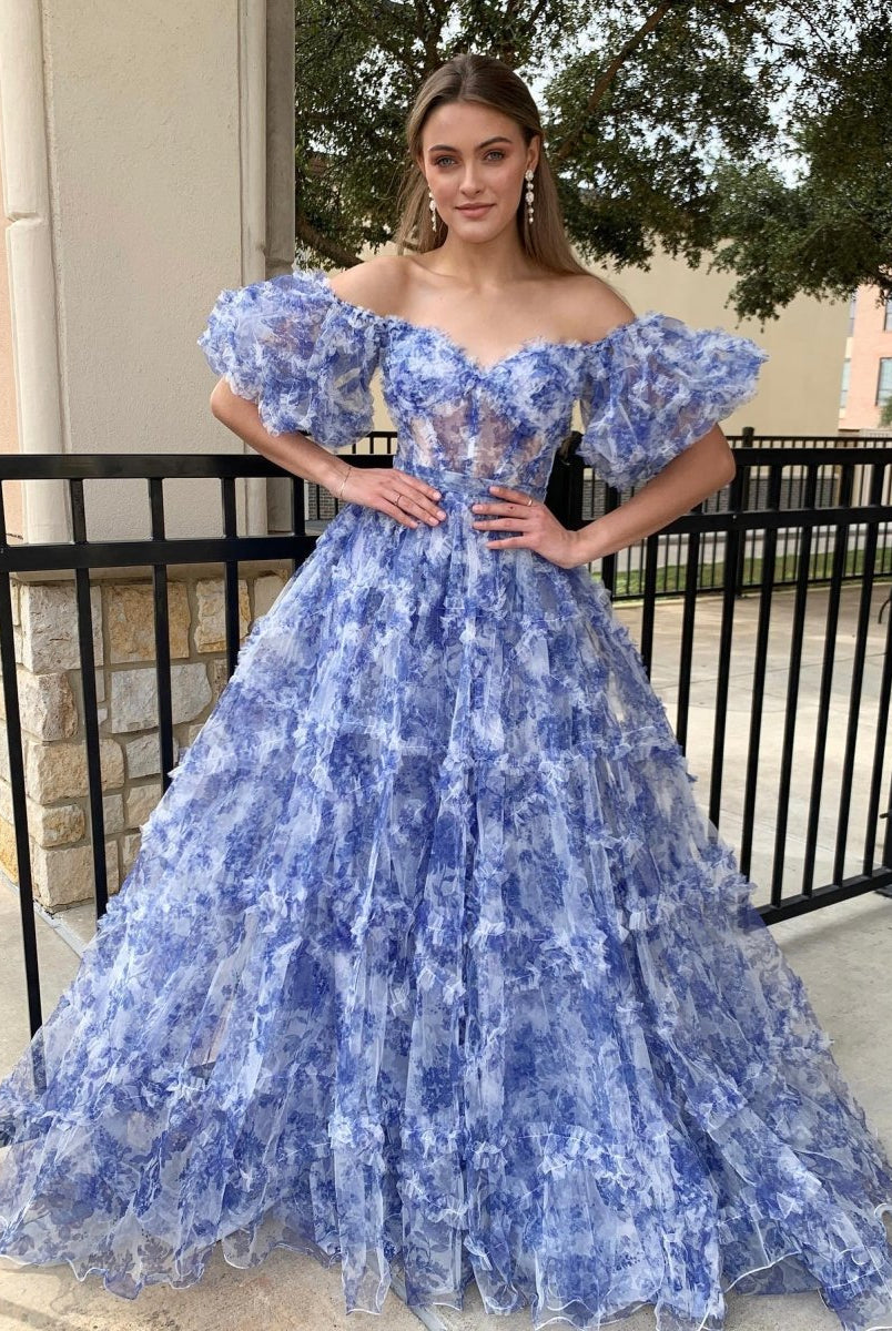 Sydney| Off the Shoulder Blue Floral Print Ruffled Tulle Prom Dress