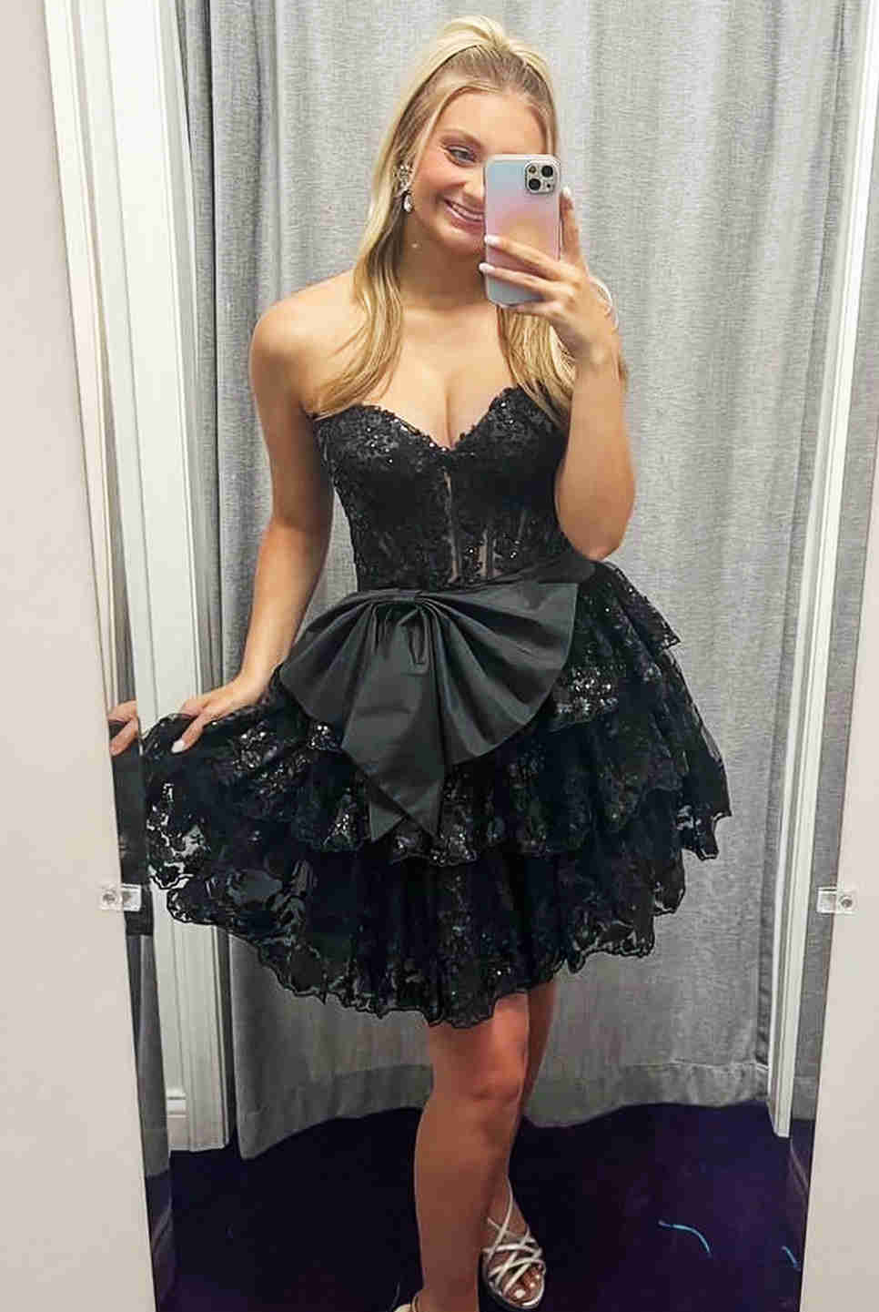 Maylin | Black - Corset Sequin Appliques Short Party Dress with Bow