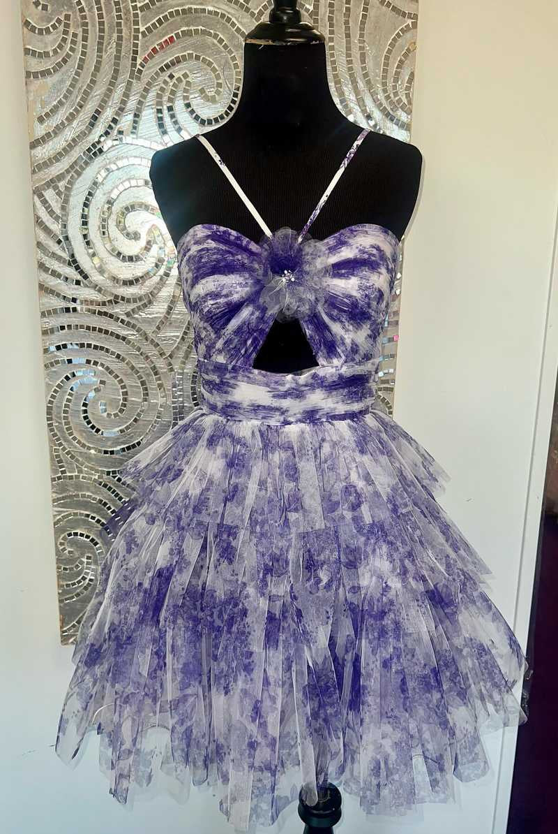 Hera | Straps Purple Floral Print Keyhole Ruffle Homecoming Dress - KissProm