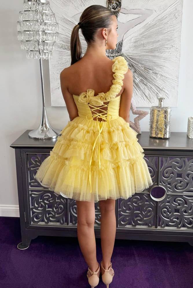Devyn | Princess Yellow One Shoulder Knotted Ruffle Short Party Dress