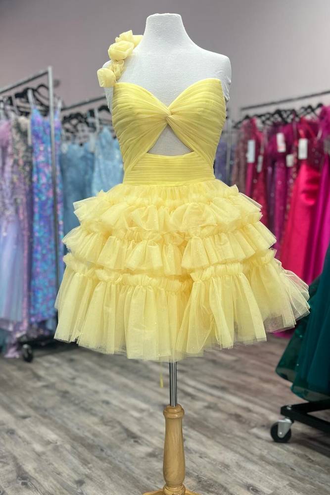 Devyn | Princess Yellow One Shoulder Knotted Ruffle Short Party Dress