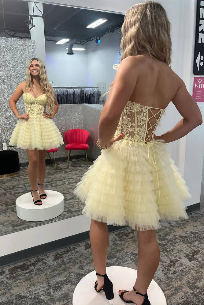 Jasna | A-Line Ruffled Yellow Strapless Corset Short Homecoming Dress