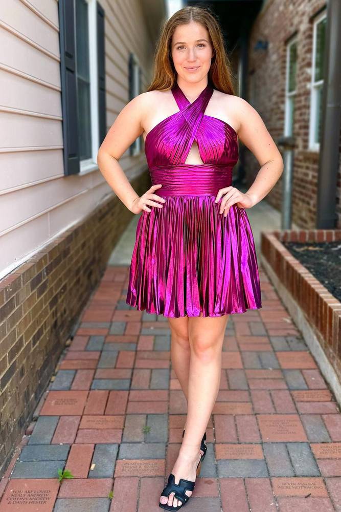 Metallic Fuchsia Halter Keyhole Pleated Short Homecoming Dress, Gold / 4 Metallic Fuchsia Halter Keyhole Pleated Short Homecoming Dress, Gold / 4