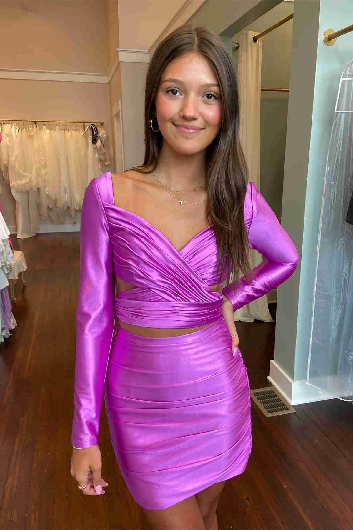 Lilac V - Neck Pleated Two Piece Short Dress with Long Sleeves - KissProm