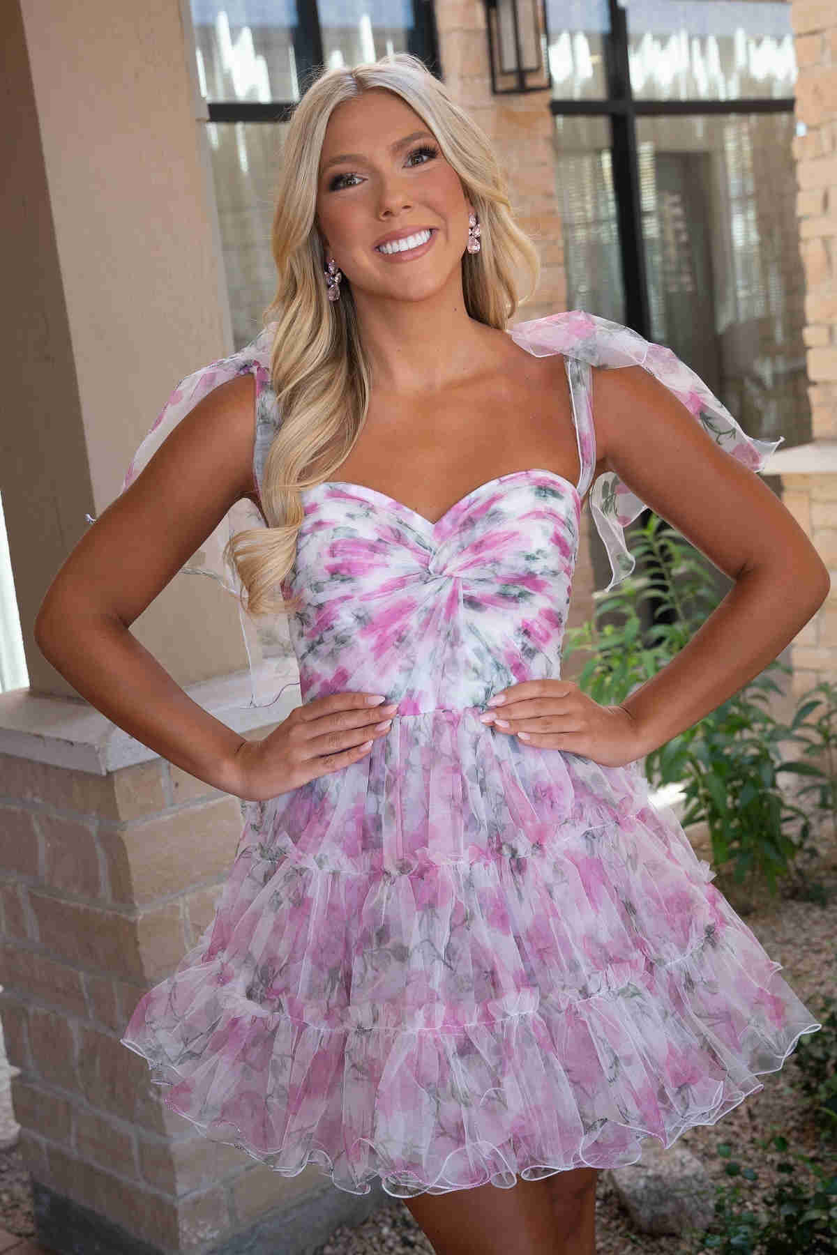 strapless open back dress Princess Pink Floral Print Tulle Homecoming Dress with Bow Sleeves Pink / 12