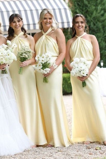 Yellow Halter Sheath Long Bridesmaid Dress with Twist Knot - KissProm