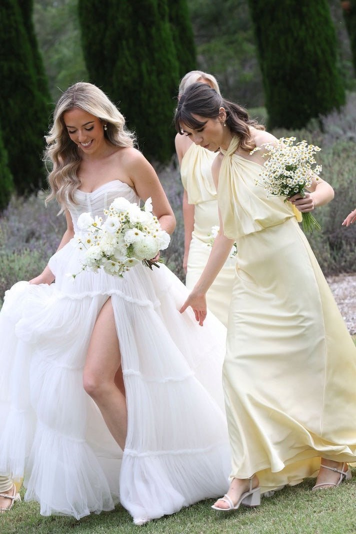 Yellow Halter Sheath Long Bridesmaid Dress with Twist Knot - KissProm