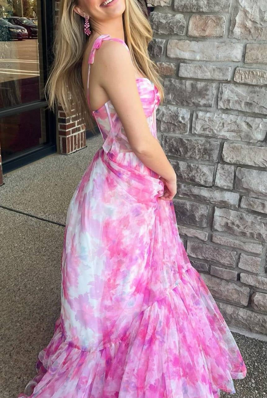 Palmer | Pink Floral Print Corset A - Line Long Prom Dress with Bow Tie Straps - KissProm