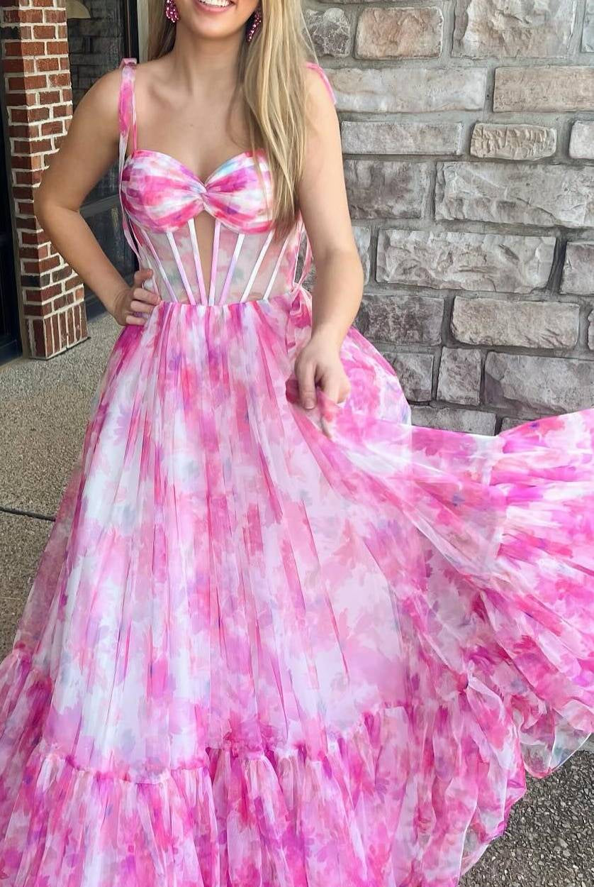 Palmer | Pink Floral Print Corset A - Line Long Prom Dress with Bow Tie Straps - KissProm