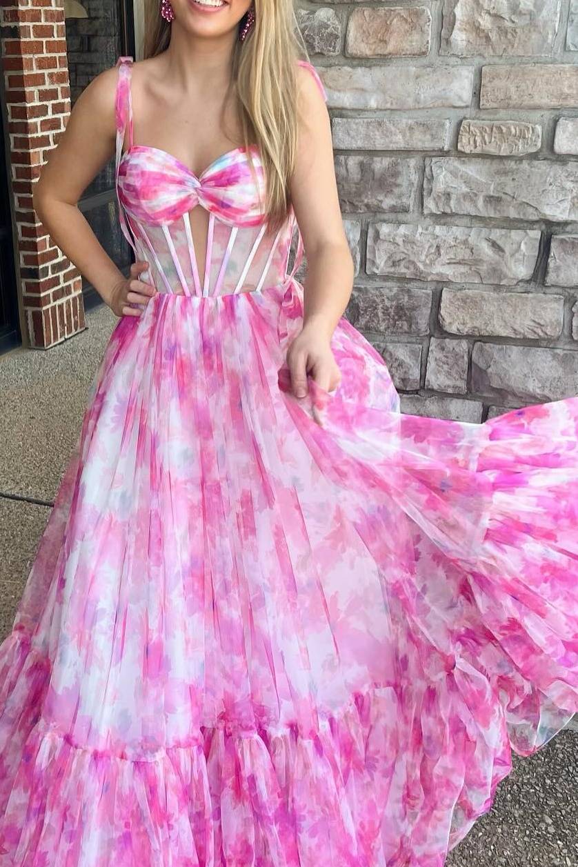 Palmer | Pink Floral Print Corset A - Line Long Prom Dress with Bow Tie Straps - KissProm